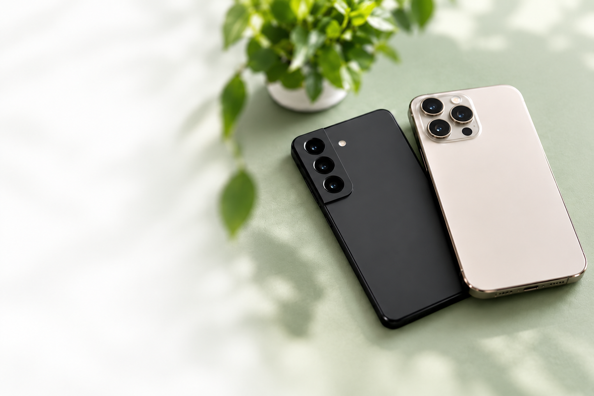 A black Samsung phone and pale iPhone on a light green surface